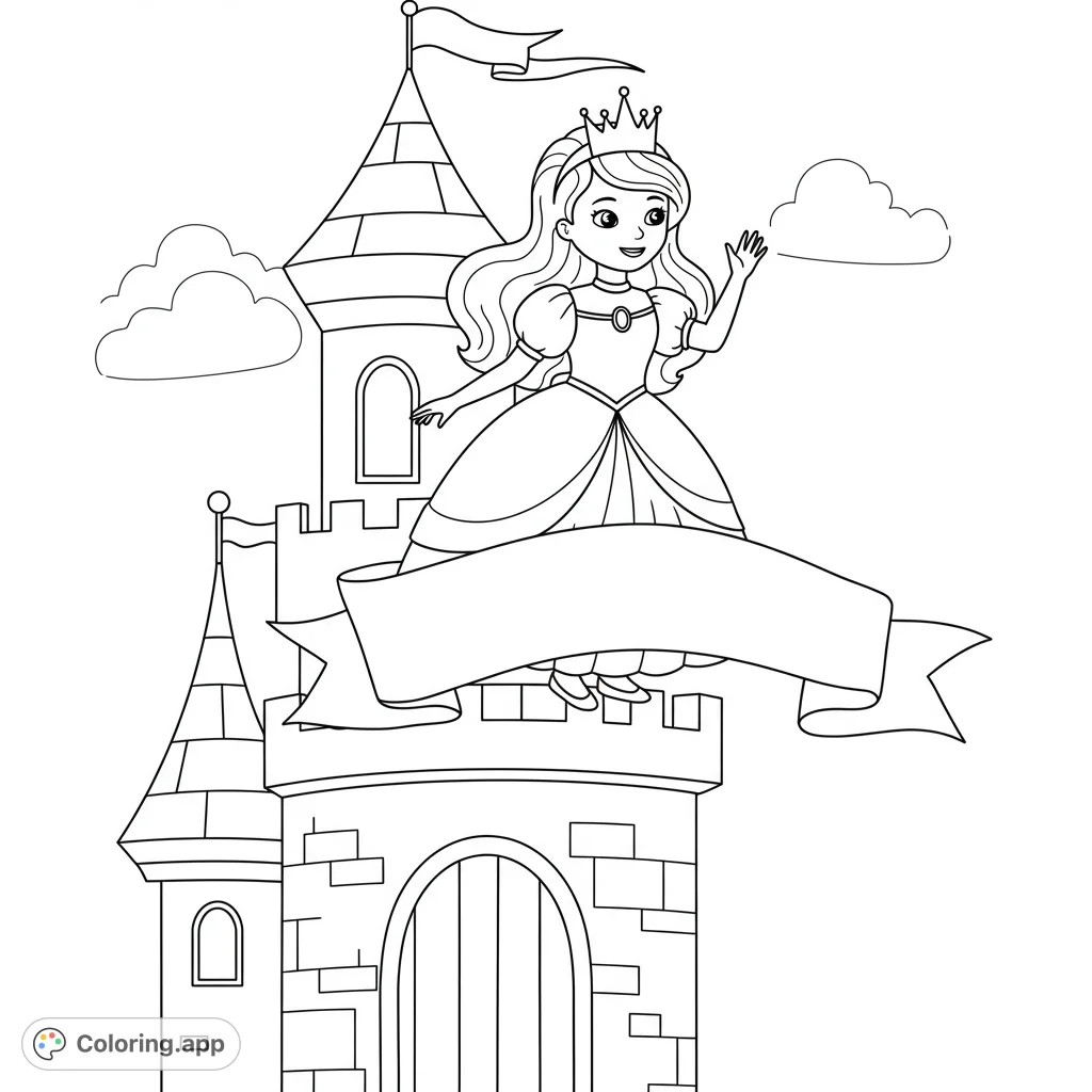 A princess waves from a tall castle tower. This black and white line drawing features bold, easy-to-color lines, a flowing banner, and a balanced design perfect for young children.
