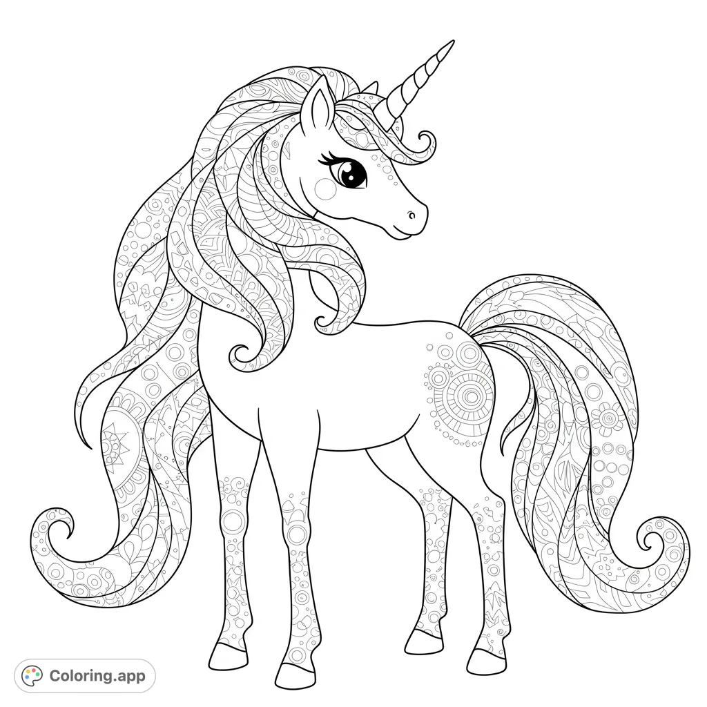 Magical unicorn coloring page! Features a unicorn with a patterned mane and tail, designed with simple geometric shapes for easy coloring.