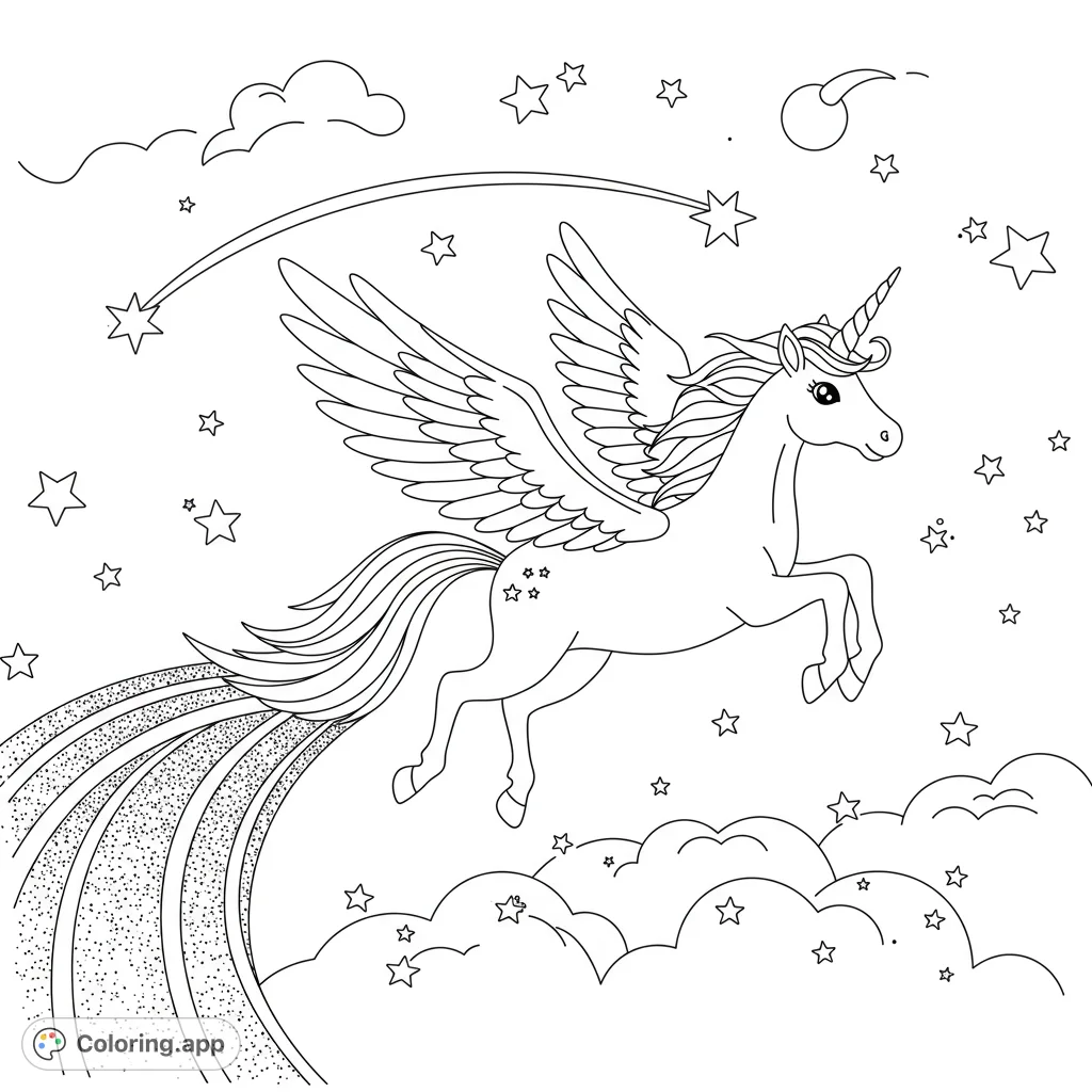 A majestic unicorn soars through the sky, leaving a sparkling glitter trail! This enchanting black and white line art is perfect for young colorists.