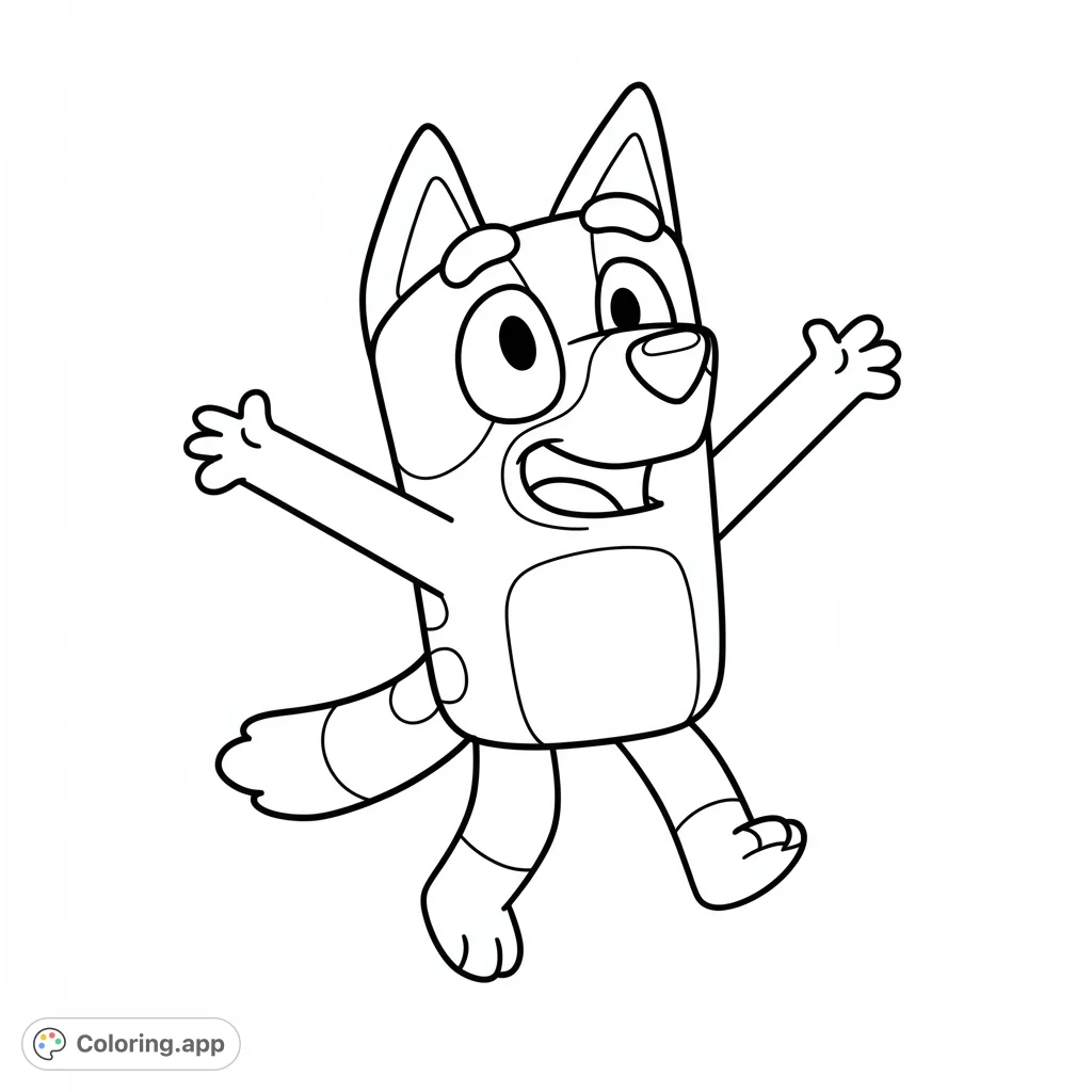 Bluey dances with joy! A delightful coloring page featuring Bluey's big smile.