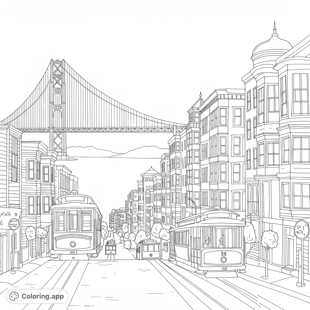 Iconic San Francisco scene! Color the Golden Gate Bridge, cable cars, and Victorian houses.