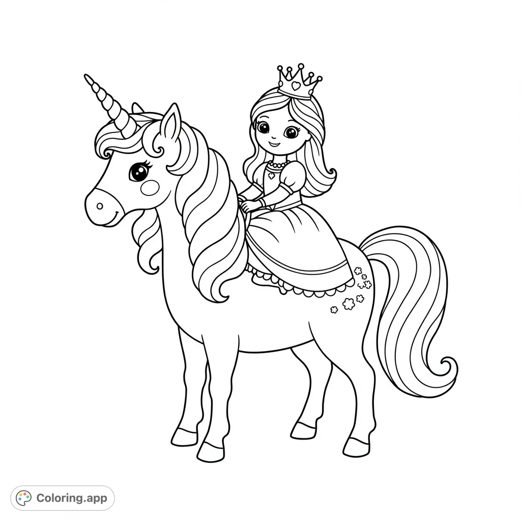 Magical unicorn coloring page! A princess rides a cute unicorn.