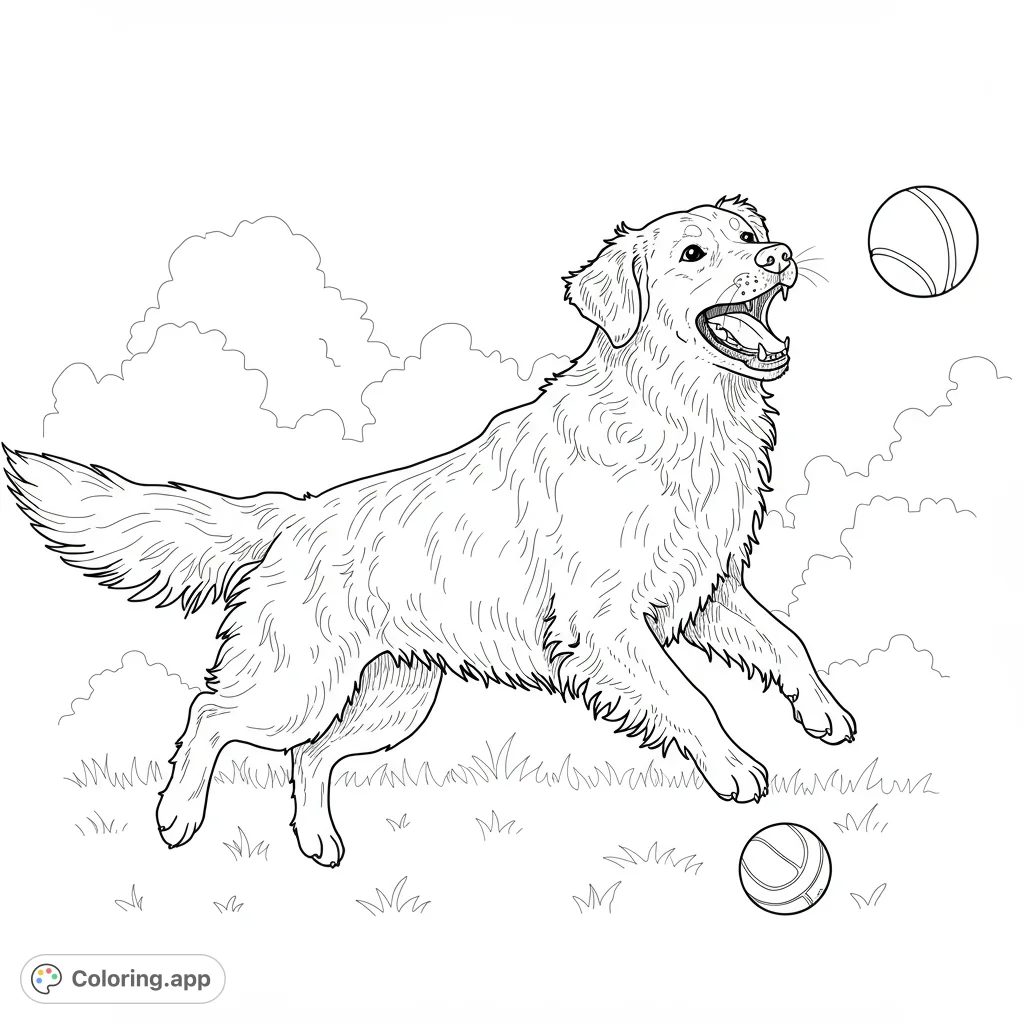 Golden Retriever joyfully playing fetch! A detailed black and white line drawing with clear lines and open spaces for easy coloring.