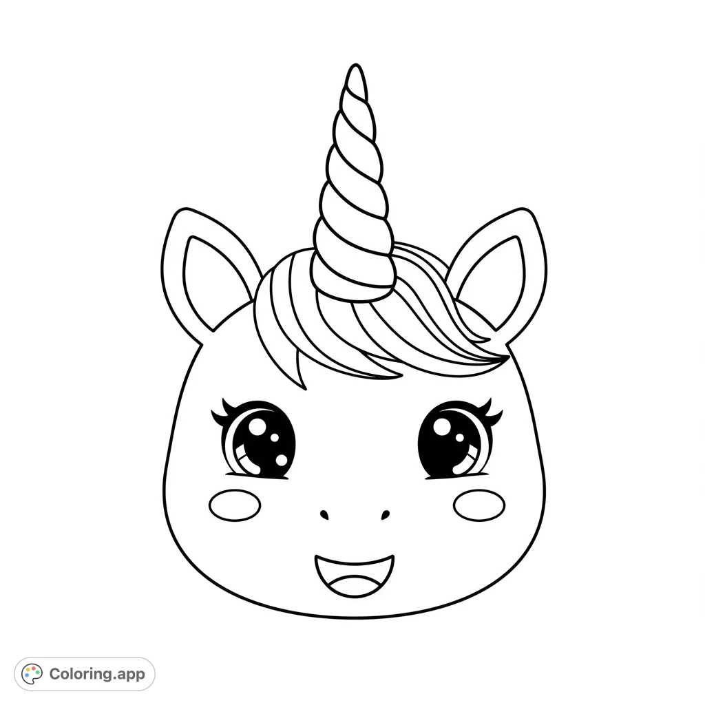 Adorable unicorn face coloring page! Features a big smile, large eyes, and a swirly horn.