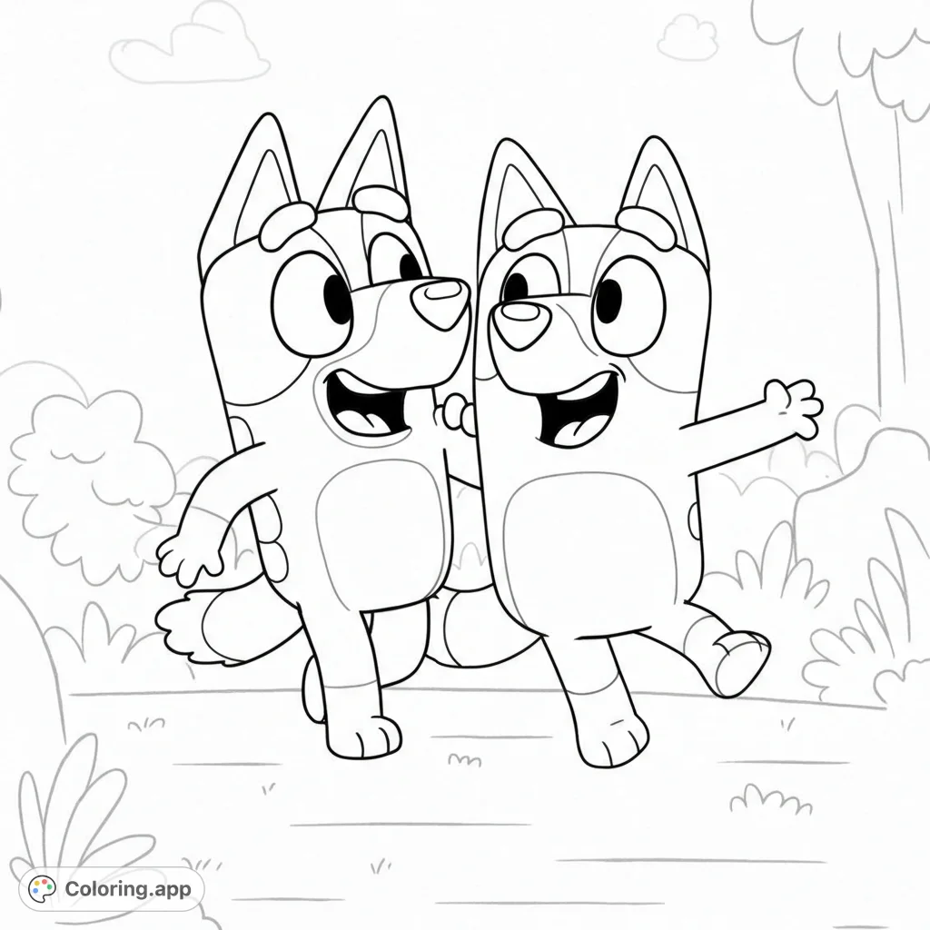 Bluey and Bingo coloring page! Dynamic, energetic scene of the sisters running and laughing.
