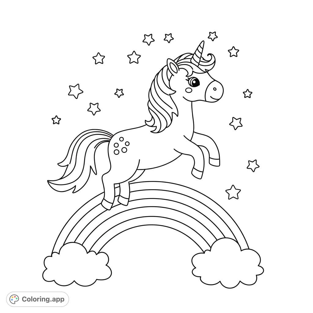 A happy unicorn leaps over a colorful rainbow! This adorable black and white line drawing is perfect for kids.