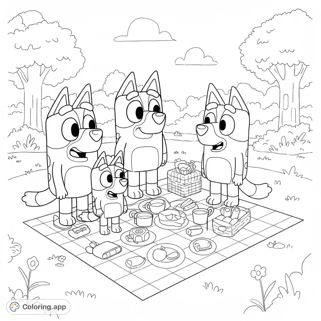 Heeler family picnic coloring page! Bluey, Bingo, Bandit, and Chilli enjoy a park picnic.