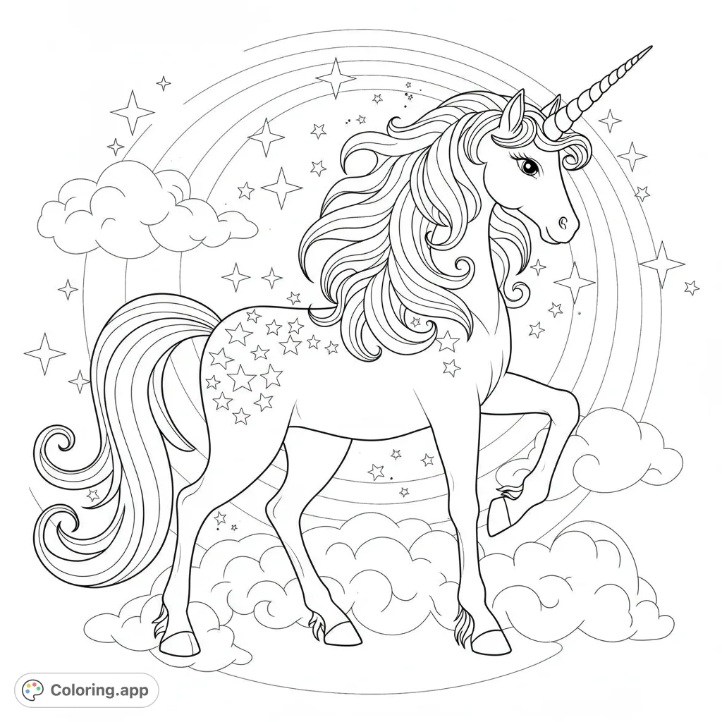 A majestic unicorn with a flowing mane and tail, surrounded by stars and fluffy clouds. This easy-to-color black and white line drawing is perfect for young children.