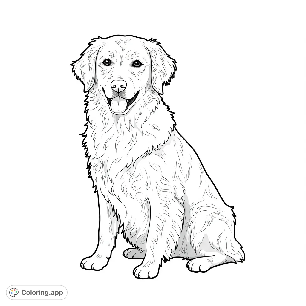 Adorable Golden Retriever coloring page! Features a friendly white dog with clean lines and open spaces for easy coloring.