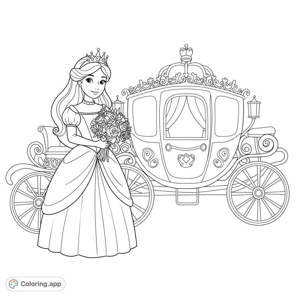 A princess with a flower bouquet stands beside a royal carriage. This black and white line drawing features thick outlines and open spaces, perfect for young children to color.