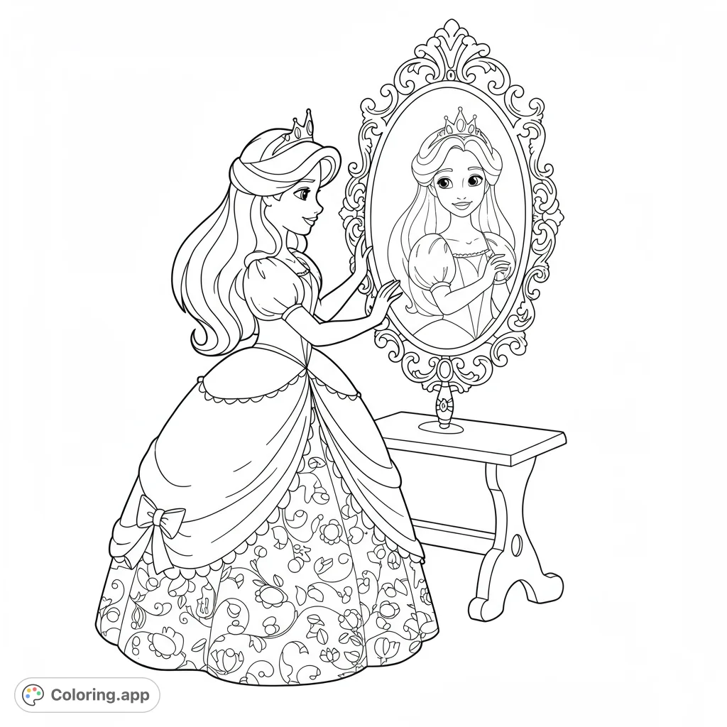 A princess gazes into a magical mirror! This black and white line art features a detailed dress with open areas for easy coloring.