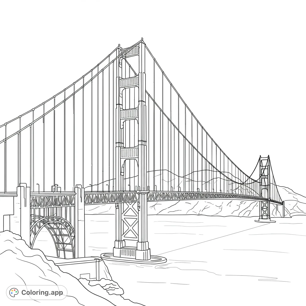 Iconic Golden Gate Bridge coloring page. Features a detailed black and white line drawing with clean lines and open spaces for easy coloring.