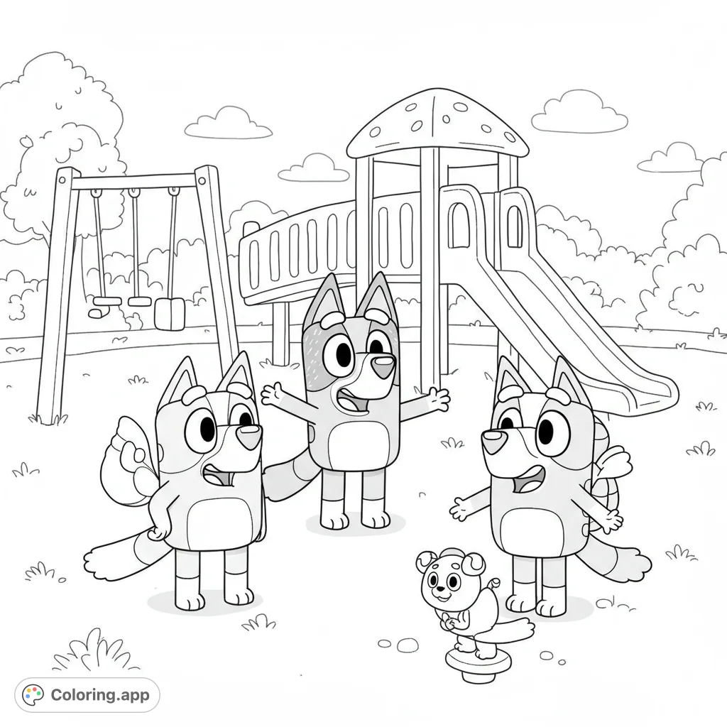 Bluey, Chloe, and Honey enjoy a fun day at the park playground! This black and white line art coloring page is perfect for young kids.