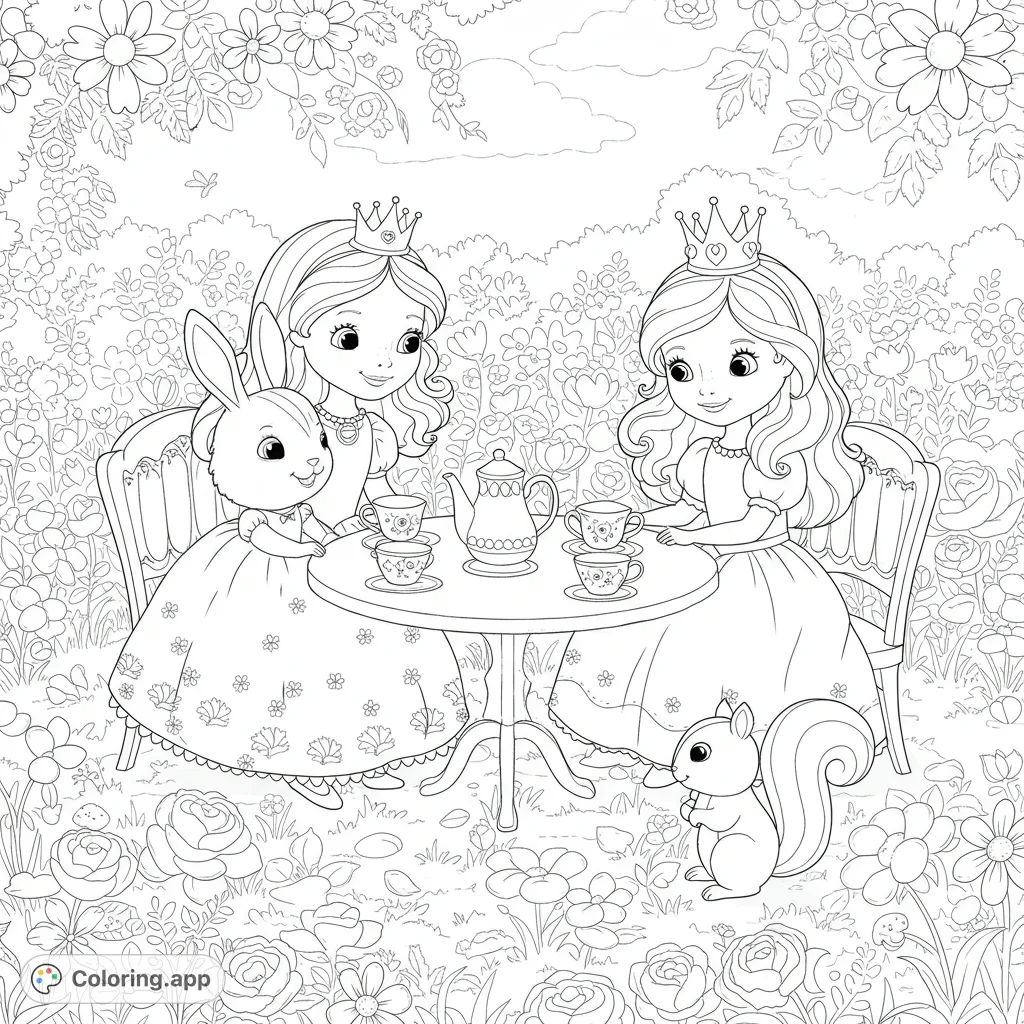 A princess enjoys a tea party with a bunny and squirrel in a flower garden. Fun, simple line art for kids to color.