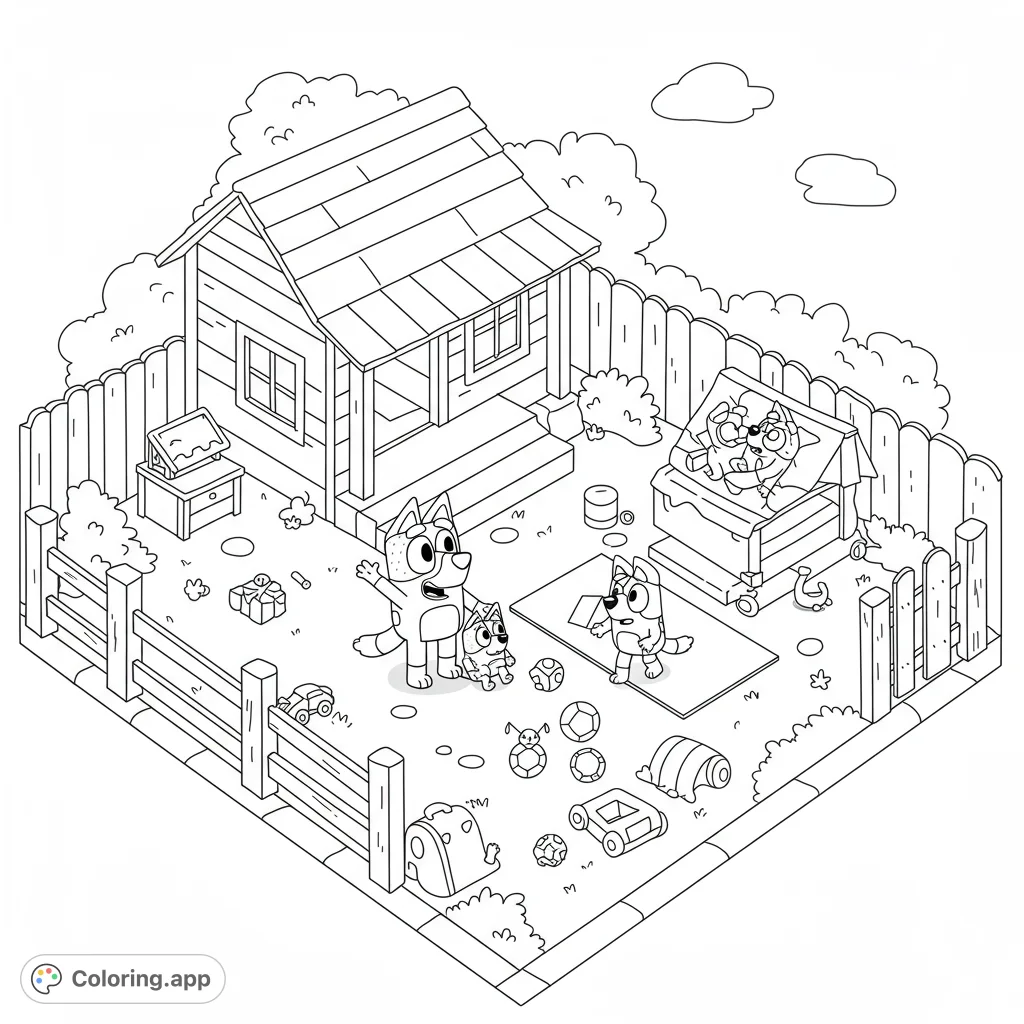 Bluey and Bingo play in their backyard with Bandit! A fun, detailed coloring page with clear lines and open spaces for kids to enjoy.