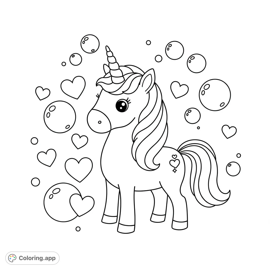 A delightful unicorn surrounded by floating hearts and bubbles, perfect for a magical coloring adventure. Free printable unicorn coloring page.