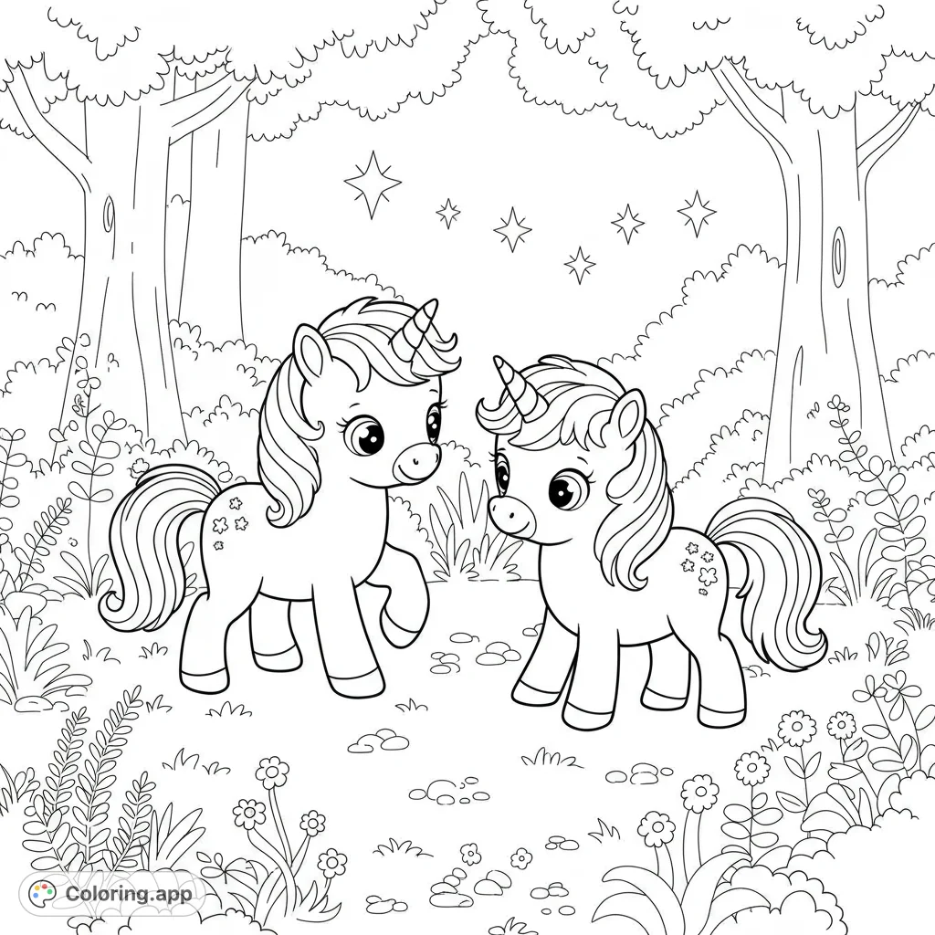 Two adorable unicorns meet in an enchanted forest, surrounded by magical stars and lush plants. A delightful free printable unicorn coloring page.