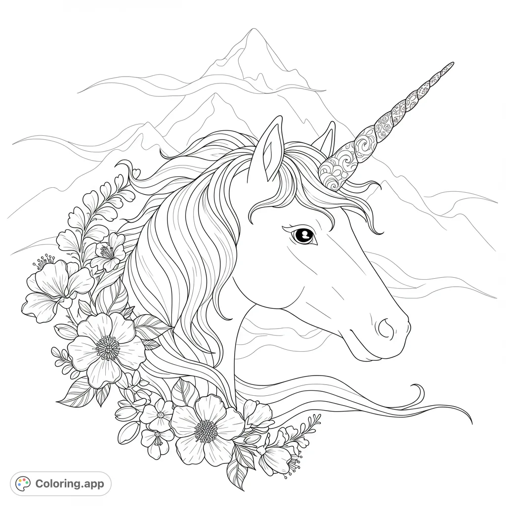 A majestic unicorn with an ornate horn and flowing mane, framed by lush flowers, set against a backdrop of mystical mountains. Perfect for fantasy lovers!