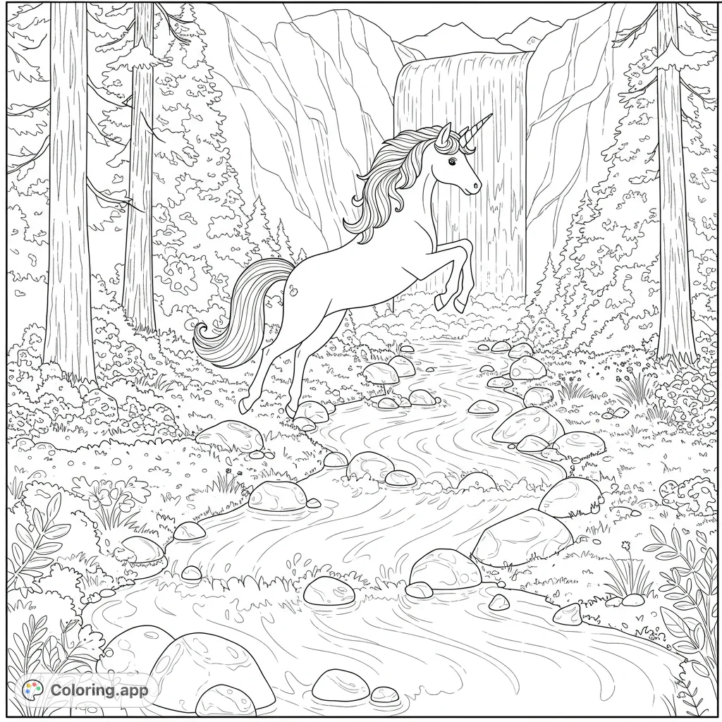A majestic unicorn leaps gracefully over a rocky stream in an enchanted forest, with a grand waterfall and mountains in the background. Perfect for fantasy lovers!