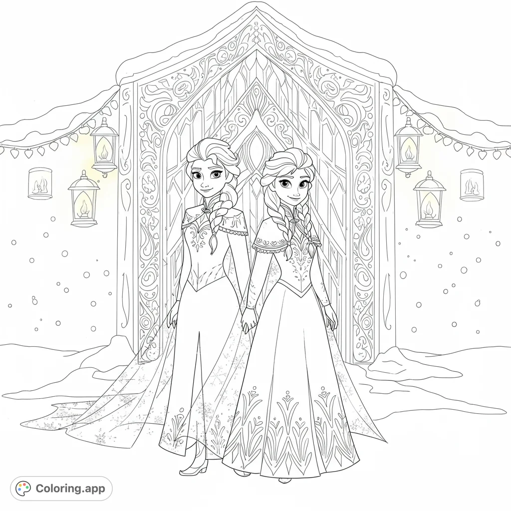 Two enchanting sisters in ornate gowns stand before a grand, snowy archway, surrounded by lanterns and falling snow. A magical winter scene.