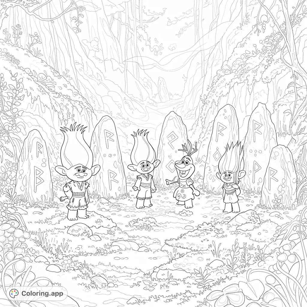 Explore a magical fantasy forest coloring page featuring whimsical characters and ancient rune stones. Free printable adventure!