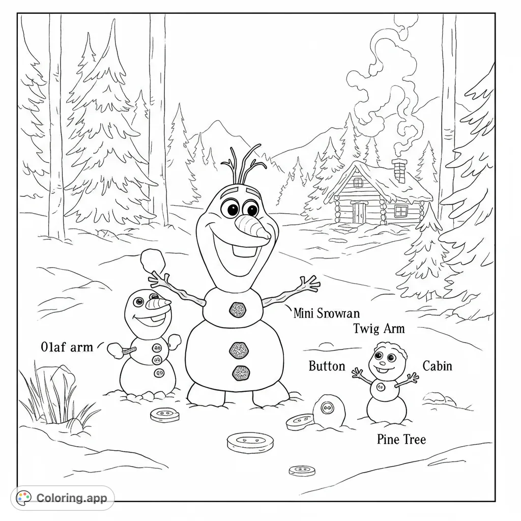 A delightful winter wonderland coloring page featuring a cheerful snowman and two smaller snow friends in a snowy forest with a cozy cabin.