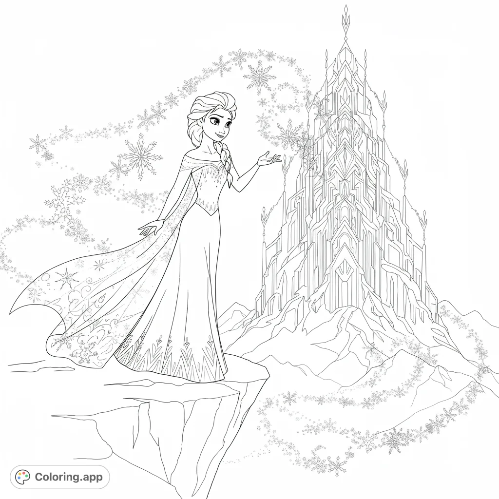 A majestic ice queen conjures snowflakes beside her grand crystal palace on a snowy cliff. A magical winter fantasy scene for coloring.