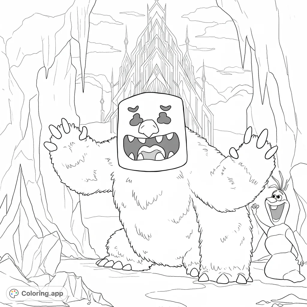 An enchanting ice kingdom scene featuring a friendly furry monster and a cheerful snowman in front of a majestic ice palace, perfect for winter adventures.
