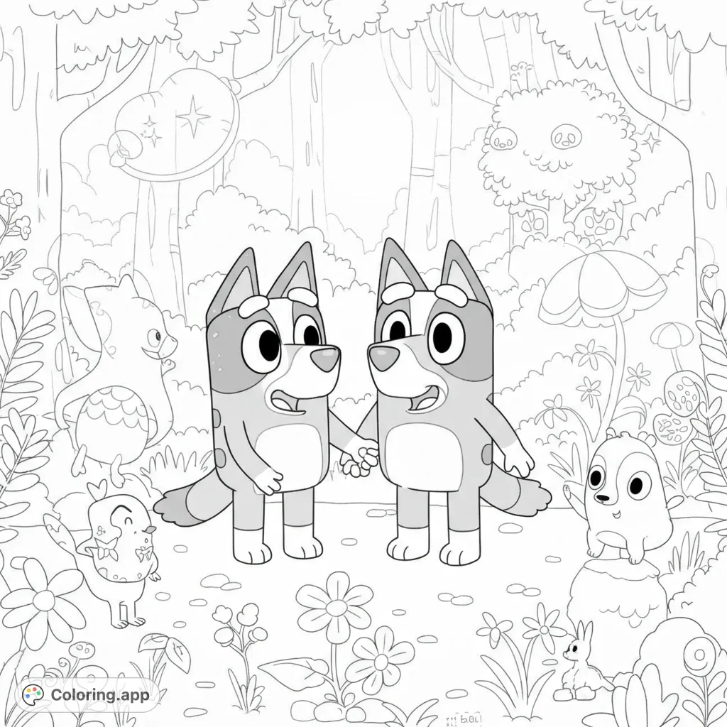 Two cheerful cartoon dogs hold hands in a whimsical forest, surrounded by friendly creatures and vibrant flora. A delightful, free printable coloring page.