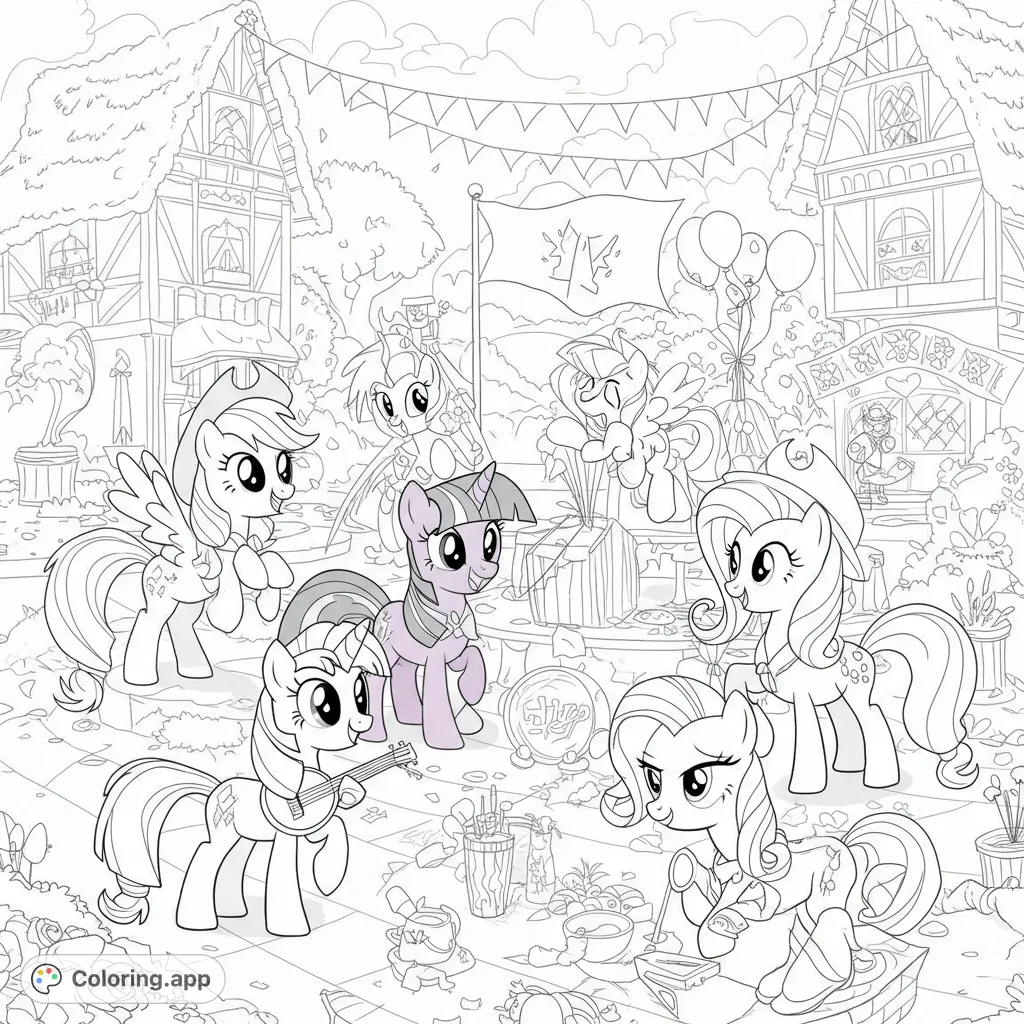 Join six beloved ponies at a lively outdoor festival! This free printable coloring page features detailed buildings, banners, and festive market stalls for endless fun.