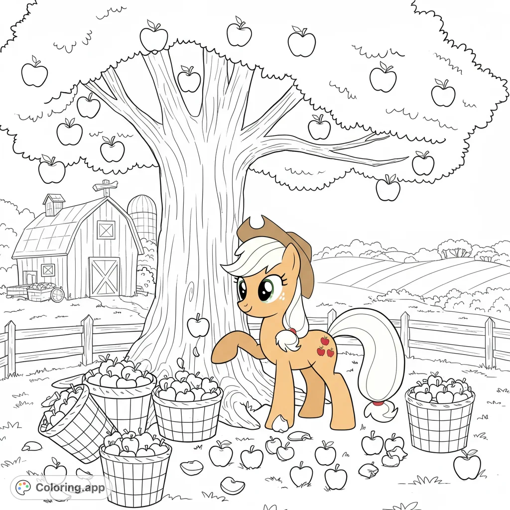 A charming pony harvests apples under a bountiful tree, with baskets overflowing and a rustic barn in the background. A delightful farm scene.