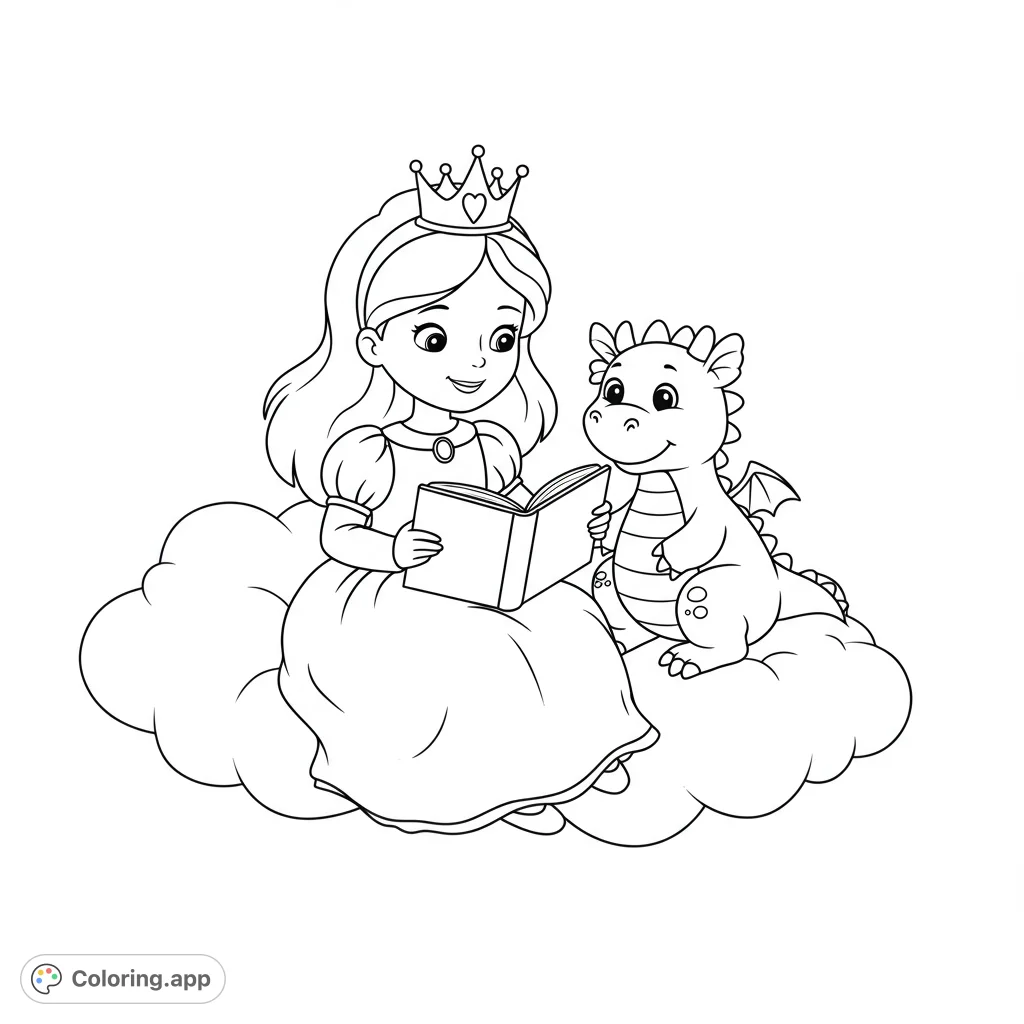 A delightful princess and her cute dragon friend share a magical story time on a fluffy cloud. Perfect for fantasy lovers and young dreamers!