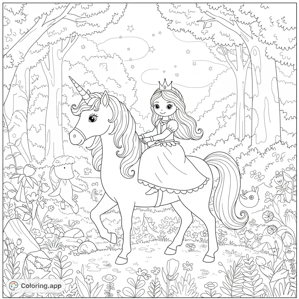 A charming princess rides her majestic unicorn through an enchanted forest filled with whimsical creatures and blooming flowers. A magical fairytale scene.