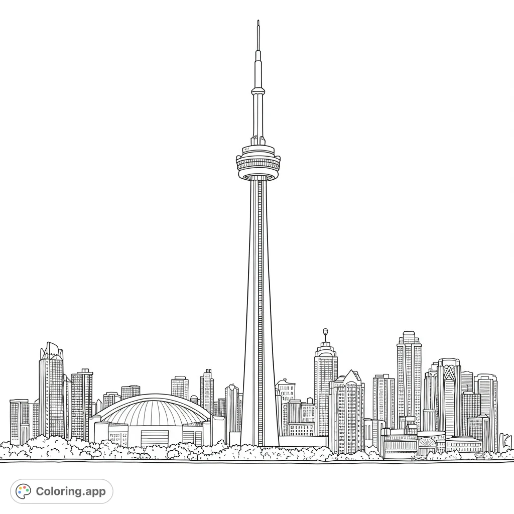 Explore the iconic Toronto skyline featuring the CN Tower, a domed stadium, and detailed skyscrapers. A free printable cityscape coloring page.