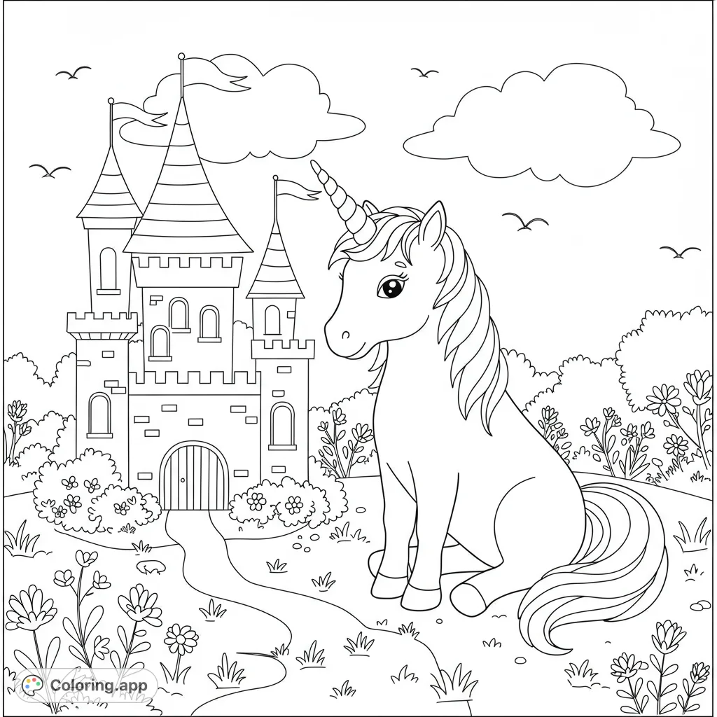 A charming unicorn sits before a majestic fairytale castle, surrounded by a whimsical garden. Perfect for a magical coloring adventure.