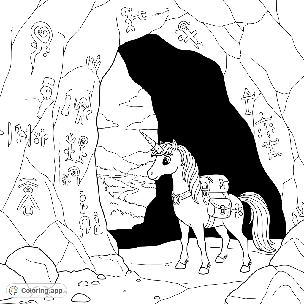 Explore a magical unicorn's adventure at an ancient cave entrance filled with mysterious petroglyphs. A free printable unicorn coloring page for all ages.