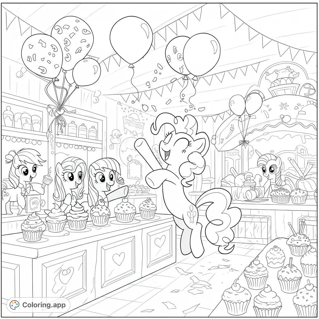 A delightful pony party in a whimsical bakery, featuring cheerful ponies, festive balloons, and an abundance of delicious cupcakes. Perfect for sweet coloring fun!