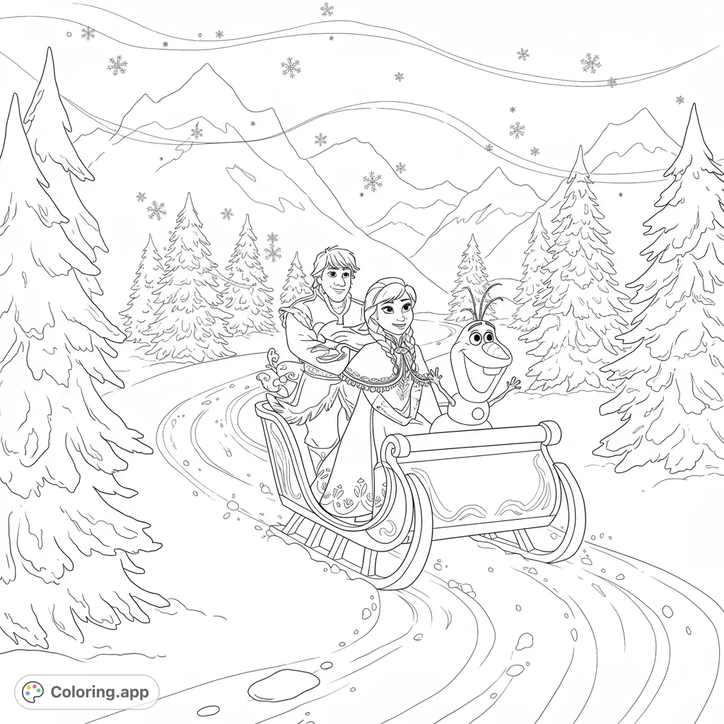 Join Anna, Kristoff, and Olaf on a joyful winter sleigh ride through a snowy mountain landscape, a free printable coloring page for all ages.