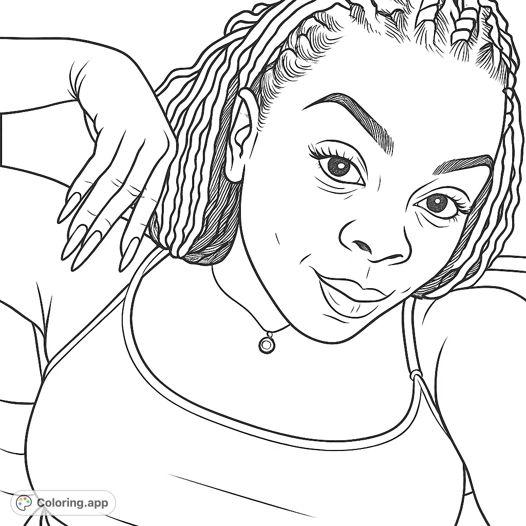Express yourself with this portrait of a woman with braids and a tank top. A modern coloring page for teens and adults.