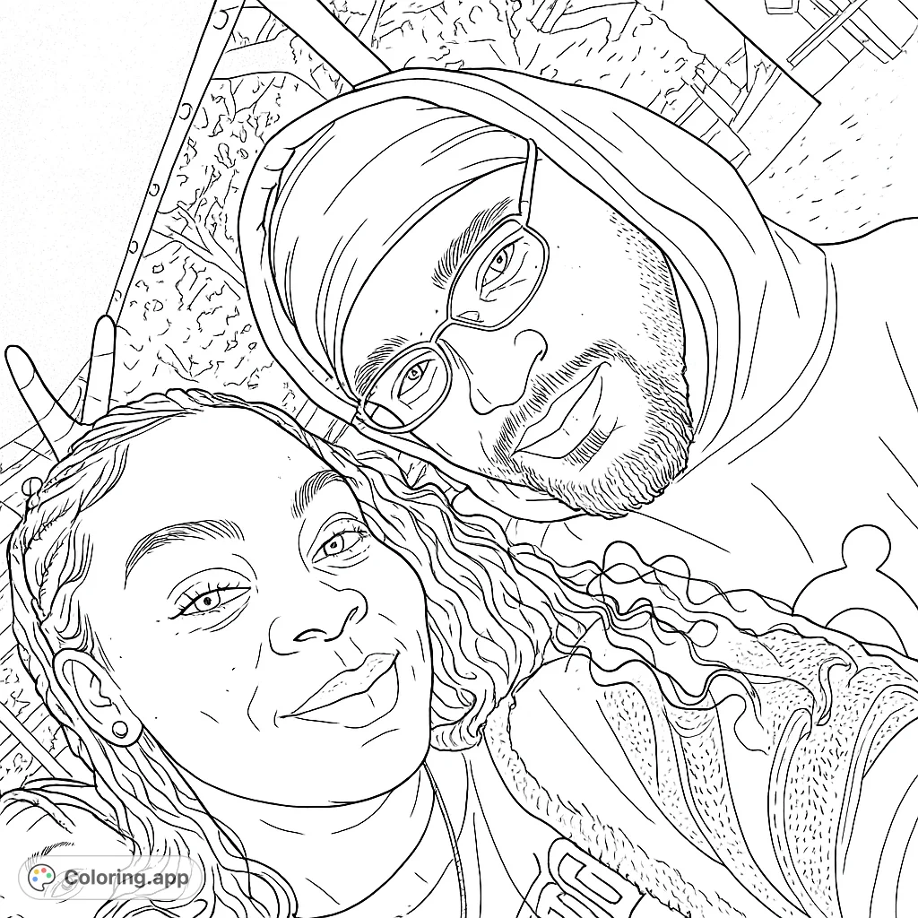 A heartwarming family selfie coloring page. Features a happy couple and child, perfect for family-themed coloring fun.