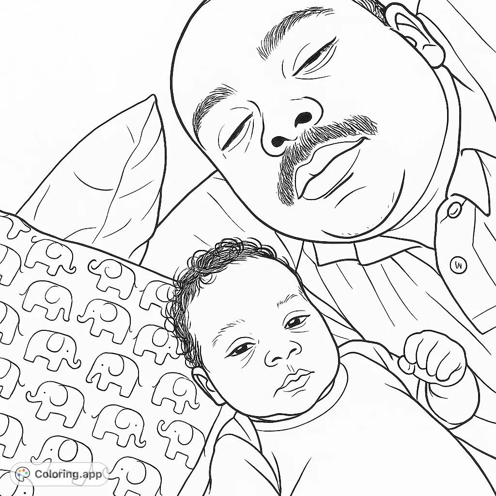 A heartwarming coloring page of a father and his baby. A tender moment captured in a simple line drawing.