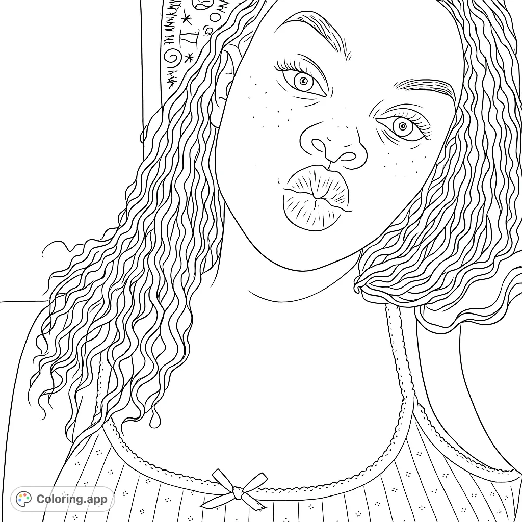 Expressive portrait coloring page featuring a woman with curly hair and a playful expression. A fun and engaging design for teens and adults.