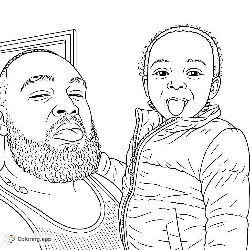 A cute coloring page of a father and daughter making silly faces. A heartwarming moment to color and share!