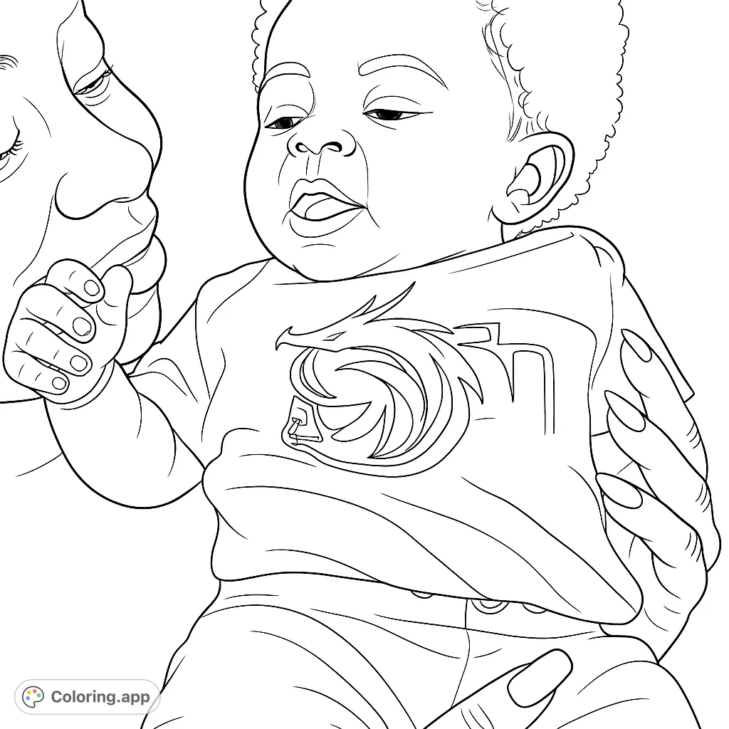 A heartwarming coloring page featuring a mother lovingly holding her baby. This sweet image captures a tender moment, perfect for creative expression.