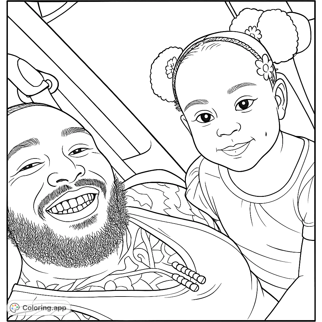 A heartwarming family coloring page featuring a smiling father with a beard and tattoos, alongside his happy daughter with dimples and cute hair accessories.