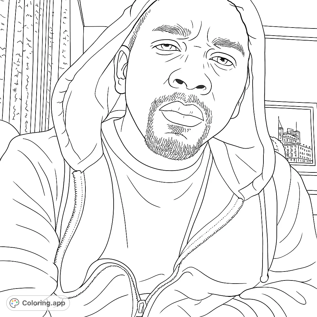 A captivating portrait of a man in a hoodie, featuring detailed facial lines and a textured beard, set against a background of books and a cityscape.