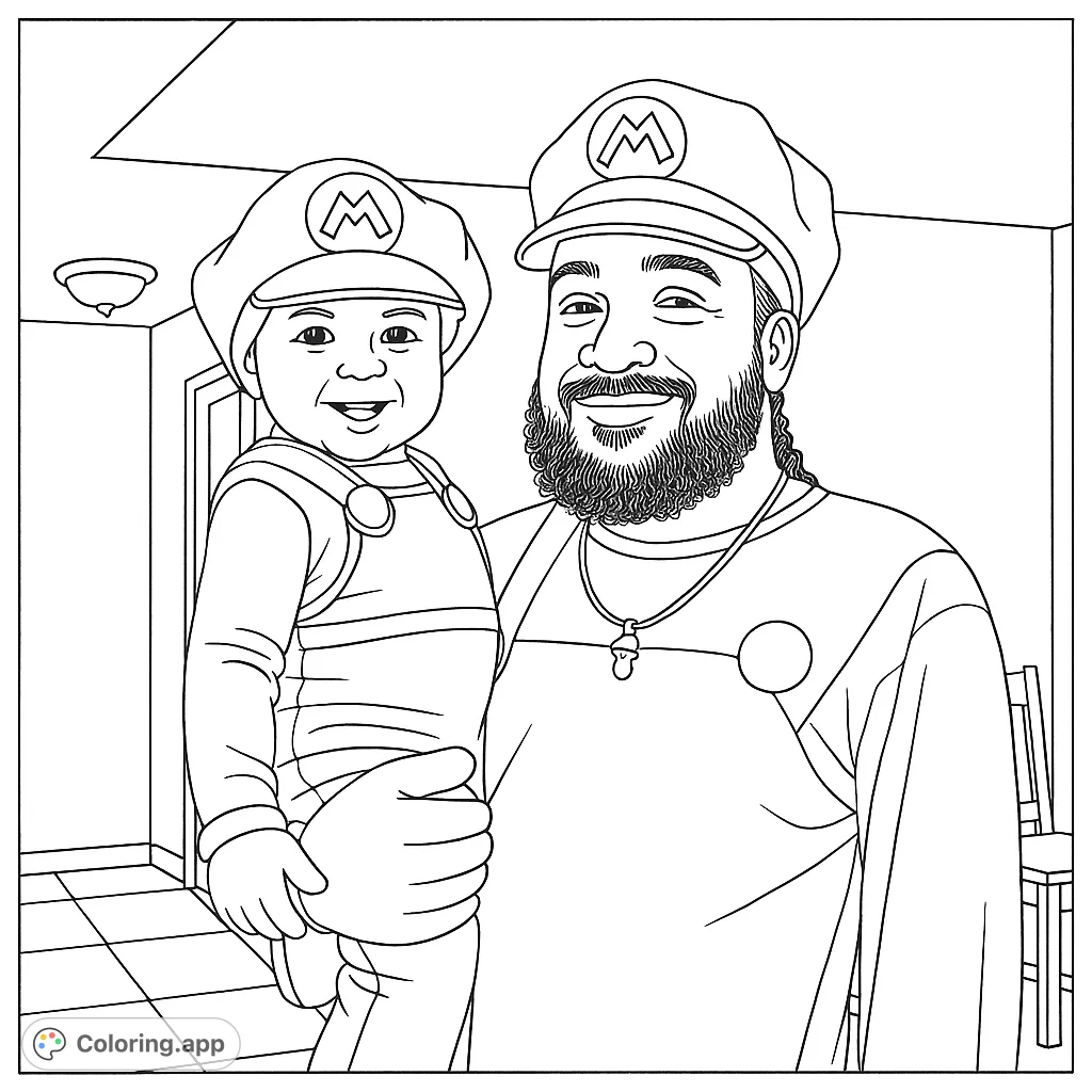 A heartwarming Mario-themed coloring page featuring a smiling father holding his baby, both in iconic overalls and 'M' hats. Perfect for family fun.