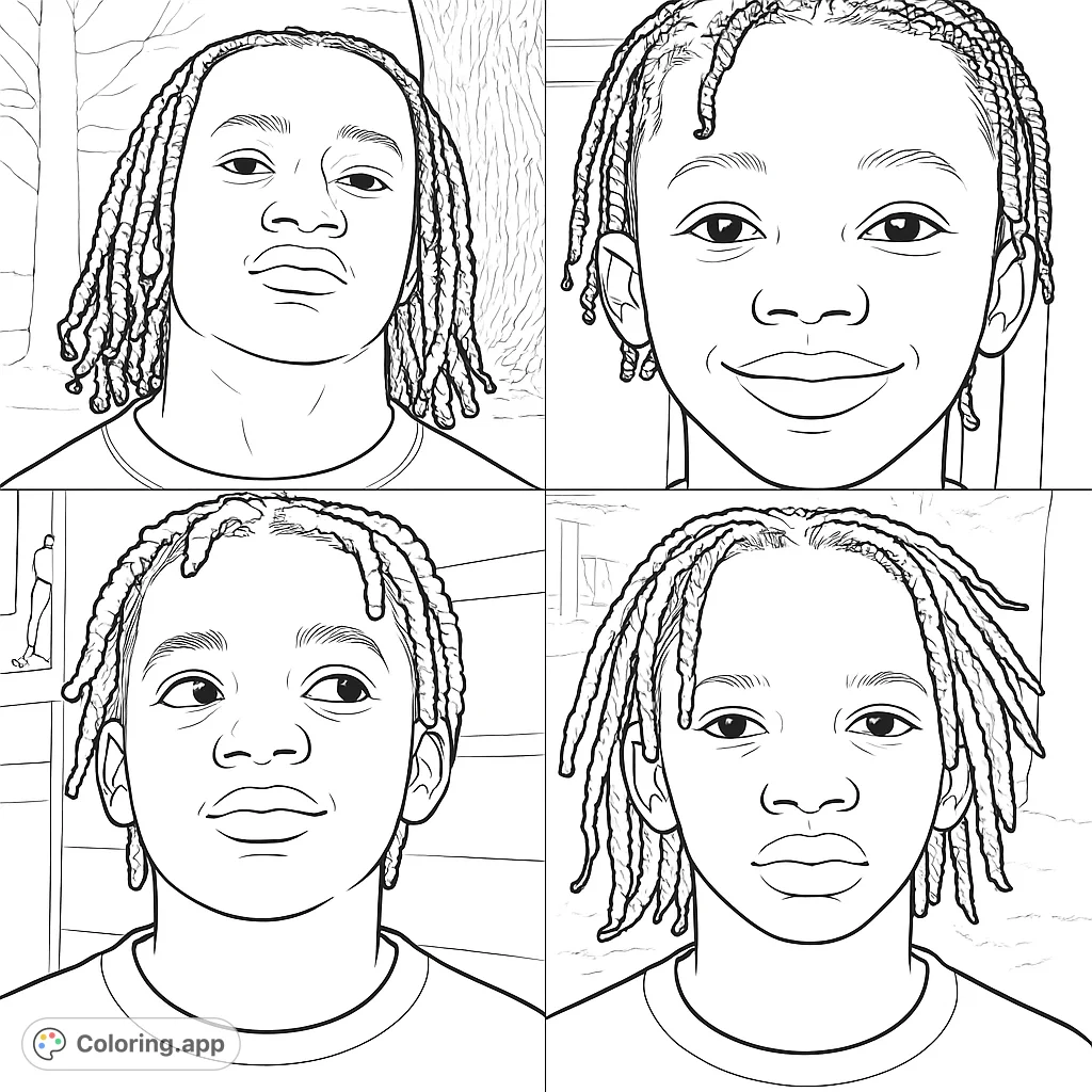 Explore four unique portraits of a young person with dreadlocks, each offering a different expression and background. A captivating free printable coloring page.