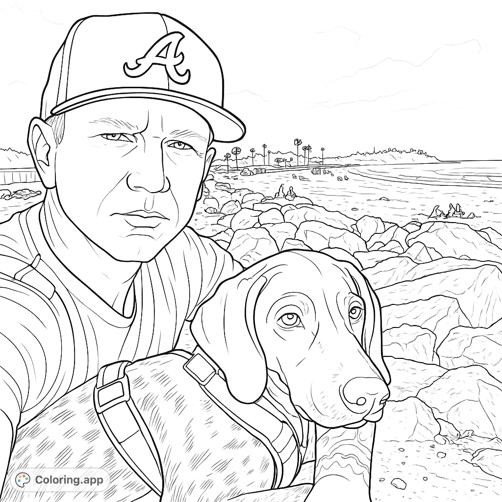 A man and his dog enjoy a sunny day at the beach. This coloring page features a realistic style and is perfect for dog lovers.
