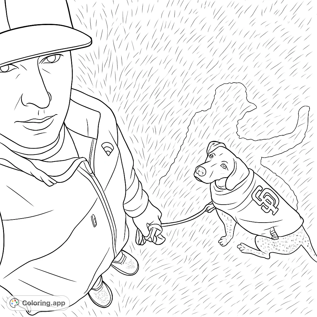 A unique perspective of a person and their dog, ready for adventure. Features a cap-wearing owner and a dog in a jersey, perfect for pet lovers.